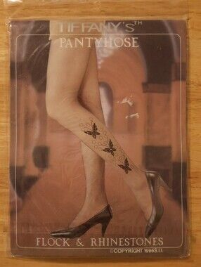 Vintage Tiffany's Flock & Rhinestones Pantyhose With Butterfly Accents. NWT.